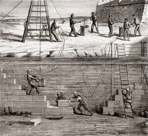 Les Merveilles de la Scienceが発行した19世紀の水中構造物に取り組んでいるダイビングスーツの労働者、1870年頃に出版